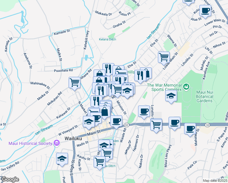 map of restaurants, bars, coffee shops, grocery stores, and more near 1720 Wili Pa Loop in Wailuku