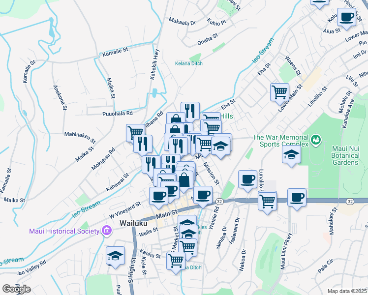 map of restaurants, bars, coffee shops, grocery stores, and more near 1758 Wili Pa Loop in Wailuku