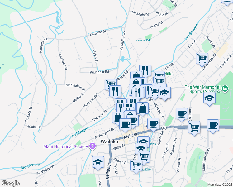 map of restaurants, bars, coffee shops, grocery stores, and more near 348 Alahee Drive in Wailuku