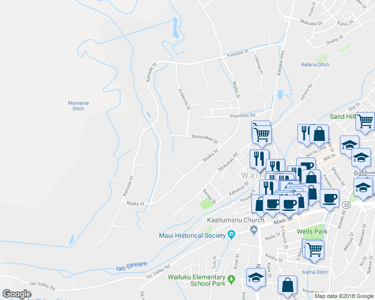 map of restaurants, bars, coffee shops, grocery stores, and more near 2185 Mahinakea Street in Wailuku
