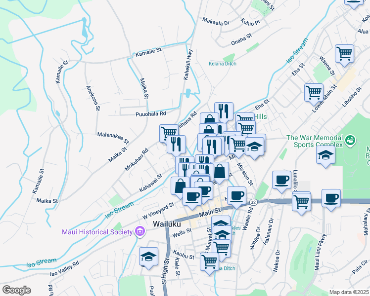 map of restaurants, bars, coffee shops, grocery stores, and more near 348 Lani Place in Wailuku