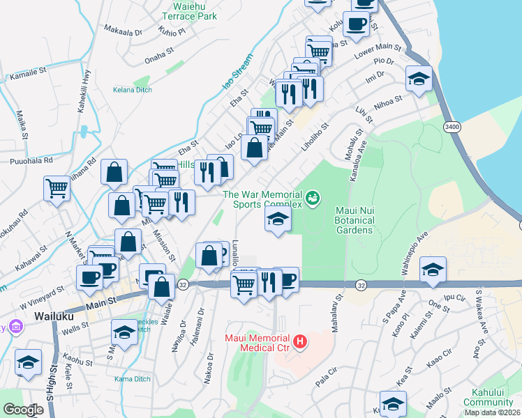 map of restaurants, bars, coffee shops, grocery stores, and more near 216 Liholiho Street in Wailuku