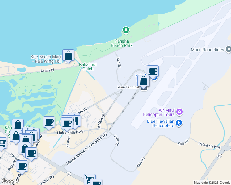 map of restaurants, bars, coffee shops, grocery stores, and more near Kahului Airport Rd in Kahului