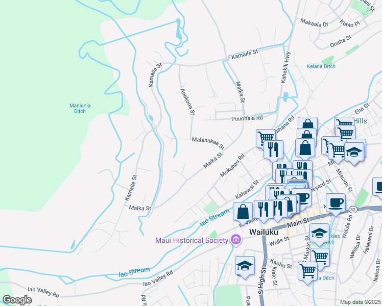 map of restaurants, bars, coffee shops, grocery stores, and more near 2185 Mahinakea Street in Wailuku