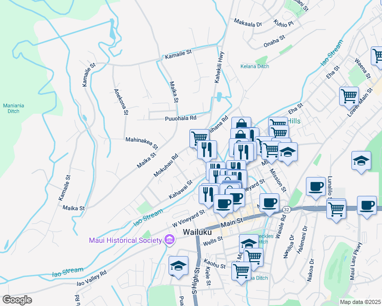 map of restaurants, bars, coffee shops, grocery stores, and more near 113 Loi Pohaku Place in Wailuku