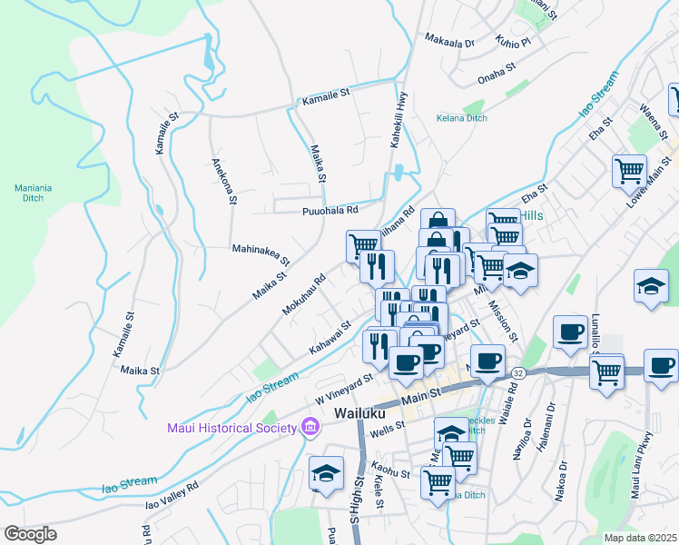 map of restaurants, bars, coffee shops, grocery stores, and more near 106 Loi Pohaku Place in Wailuku