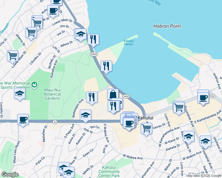 map of restaurants, bars, coffee shops, grocery stores, and more near 111 Kahului Beach Road in Kahului