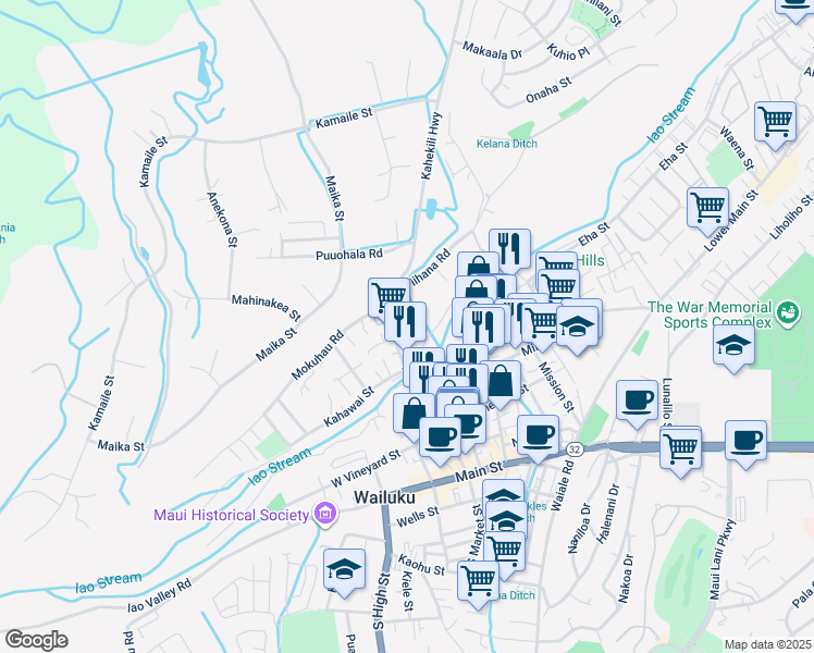 map of restaurants, bars, coffee shops, grocery stores, and more near 348 Alahee Drive in Wailuku