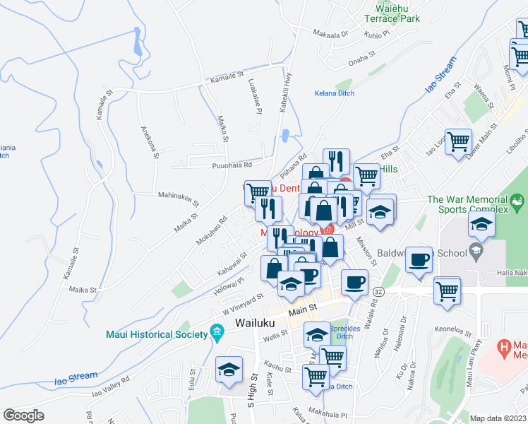 map of restaurants, bars, coffee shops, grocery stores, and more near 368 North Market Street in Wailuku