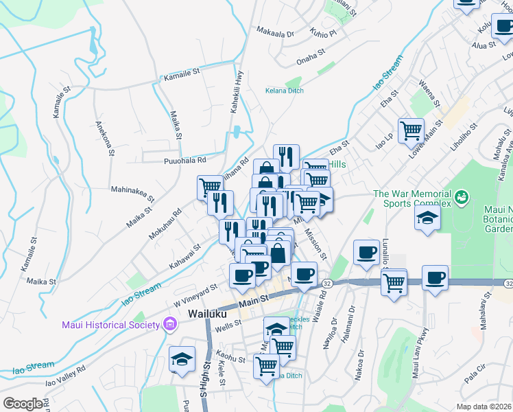map of restaurants, bars, coffee shops, grocery stores, and more near 1817 Wili Pa Loop in Wailuku