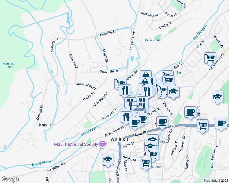 map of restaurants, bars, coffee shops, grocery stores, and more near 110 Loi Pohaku Place in Wailuku
