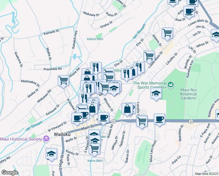 map of restaurants, bars, coffee shops, grocery stores, and more near 210 Imi Kala Street in Wailuku