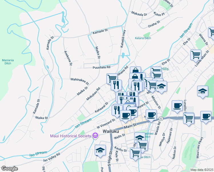 map of restaurants, bars, coffee shops, grocery stores, and more near 113 Loi Pohaku Place in Wailuku
