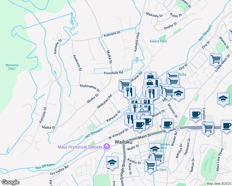 map of restaurants, bars, coffee shops, grocery stores, and more near 102 Loi Pohaku Place in Wailuku