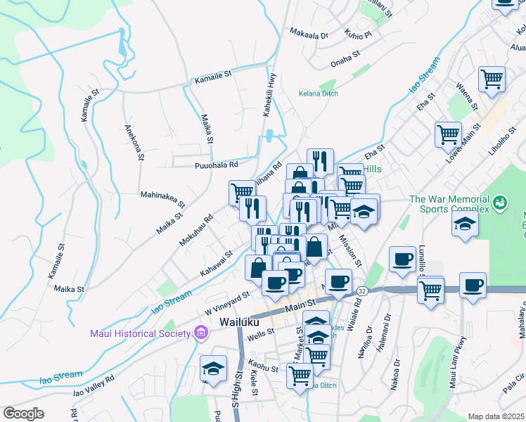 map of restaurants, bars, coffee shops, grocery stores, and more near 348 Lani Place in Wailuku