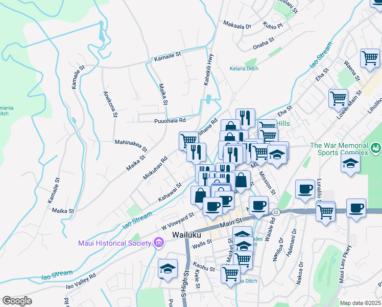 map of restaurants, bars, coffee shops, grocery stores, and more near 350 Alahee Drive in Wailuku