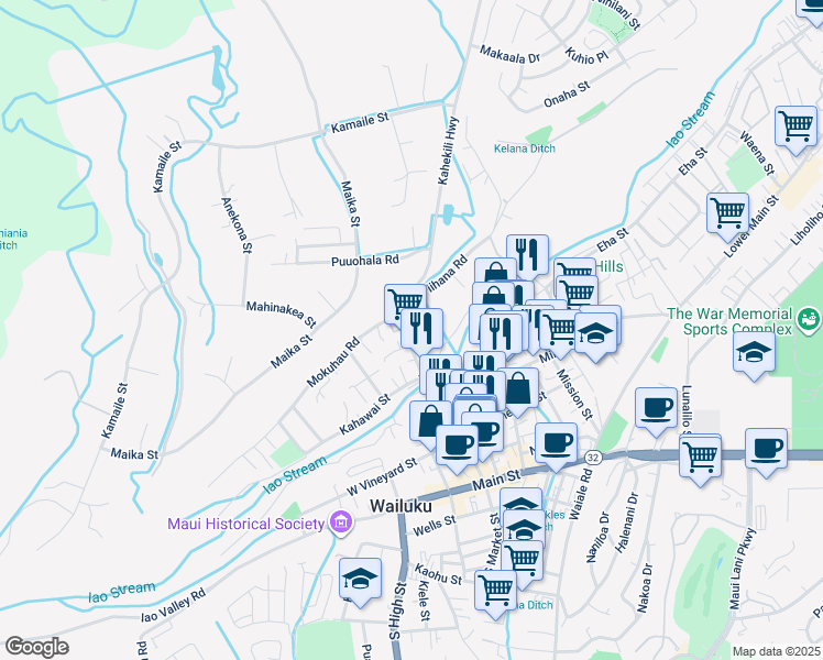 map of restaurants, bars, coffee shops, grocery stores, and more near 350 Alahee Drive in Wailuku