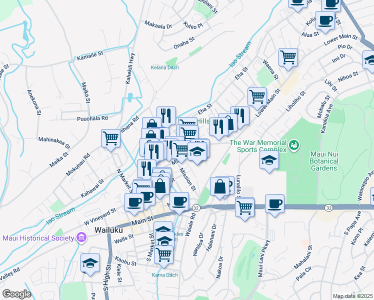 map of restaurants, bars, coffee shops, grocery stores, and more near 210 Imi Kala Street in Wailuku