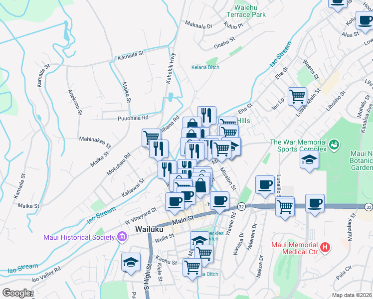 map of restaurants, bars, coffee shops, grocery stores, and more near 1817 Wili Pa Loop in Wailuku