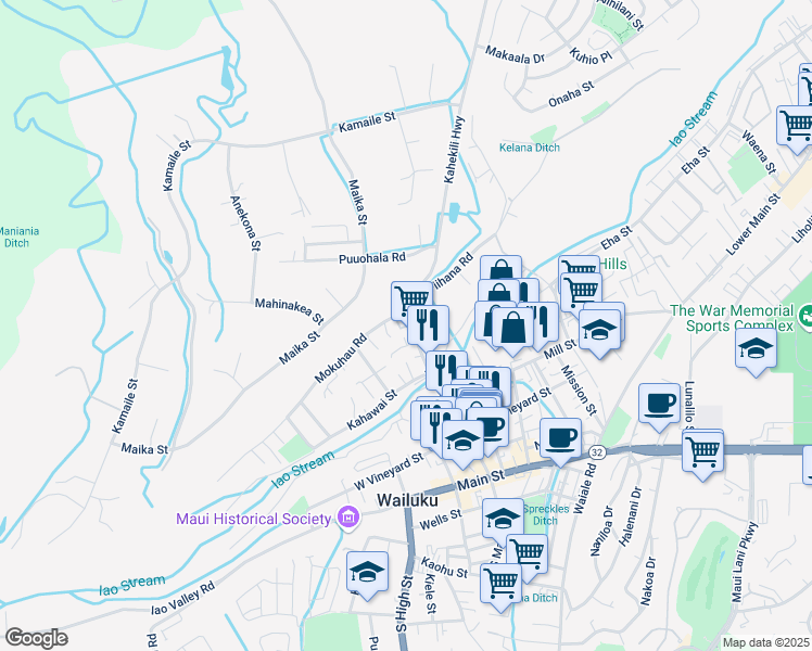 map of restaurants, bars, coffee shops, grocery stores, and more near 101 Loi Pohaku Place in Wailuku
