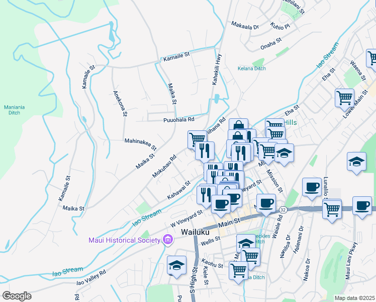 map of restaurants, bars, coffee shops, grocery stores, and more near 109 Loi Pohaku Place in Wailuku