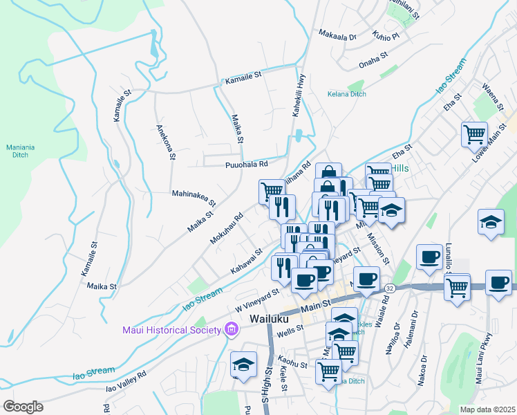 map of restaurants, bars, coffee shops, grocery stores, and more near 101 Loi Pohaku Place in Wailuku