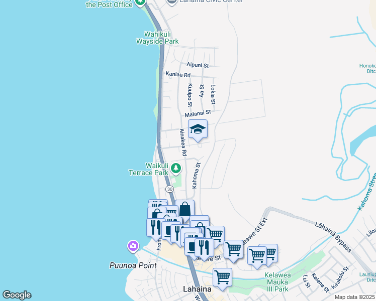 map of restaurants, bars, coffee shops, grocery stores, and more near 142 Fleming Road in Lahaina
