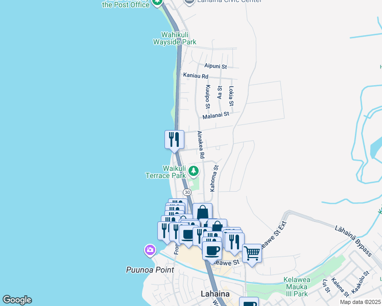 map of restaurants, bars, coffee shops, grocery stores, and more near 120 Fleming Road in Lahaina
