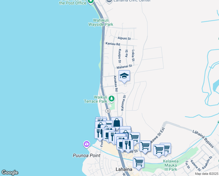map of restaurants, bars, coffee shops, grocery stores, and more near 120 Fleming Road in Lahaina
