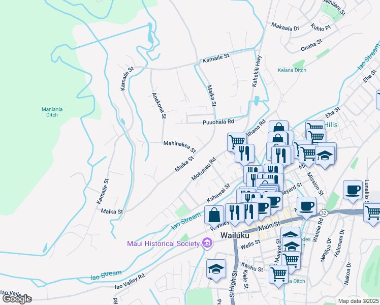 map of restaurants, bars, coffee shops, grocery stores, and more near 353 Maika Street in Wailuku