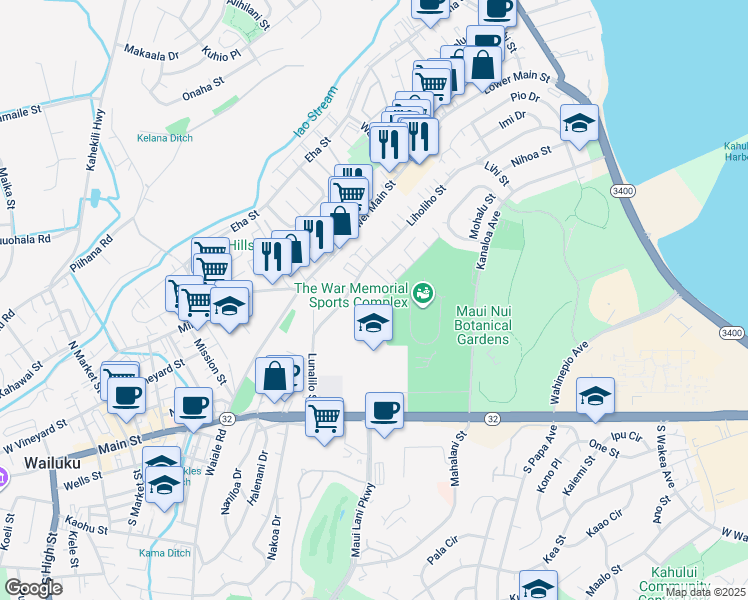 map of restaurants, bars, coffee shops, grocery stores, and more near 253A Leleihoku Street in Wailuku