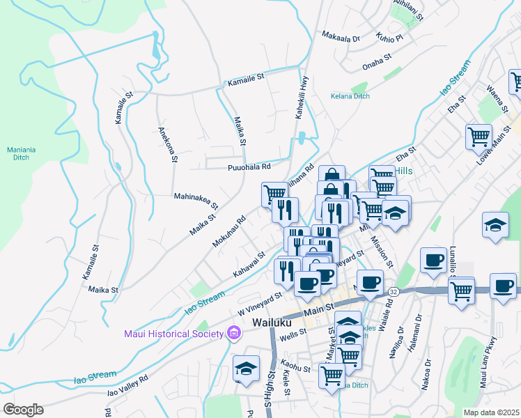 map of restaurants, bars, coffee shops, grocery stores, and more near 101 Loi Pohaku Place in Wailuku
