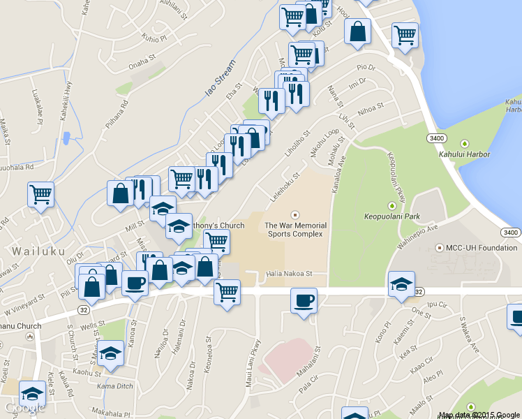 map of restaurants, bars, coffee shops, grocery stores, and more near 253 Leleihoku Street in Wailuku
