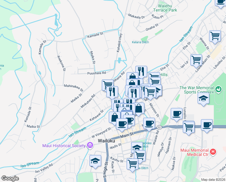 map of restaurants, bars, coffee shops, grocery stores, and more near 350 Alahee Drive in Wailuku