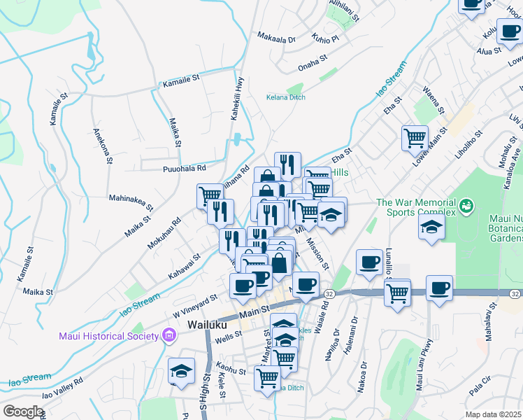 map of restaurants, bars, coffee shops, grocery stores, and more near 1823 Wili Pa Loop in Wailuku