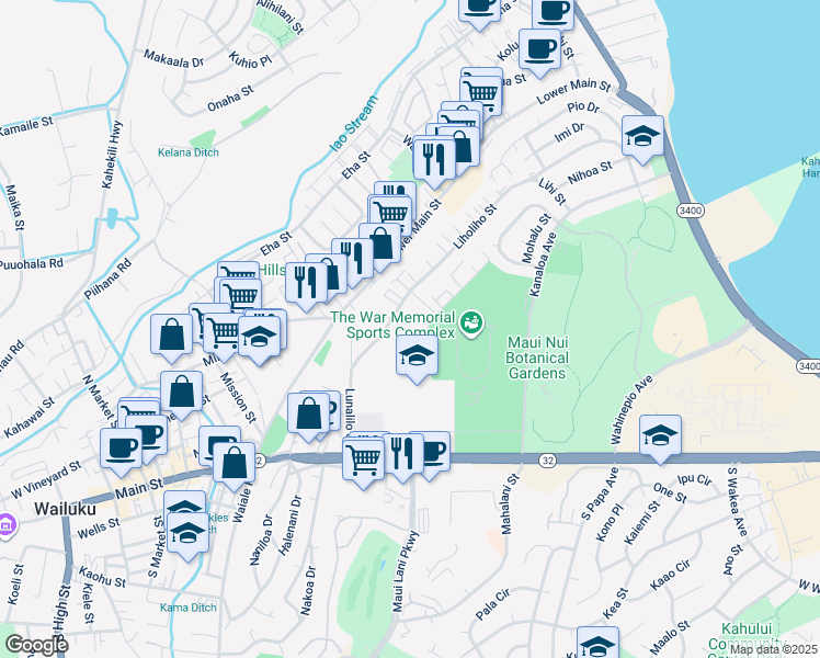 map of restaurants, bars, coffee shops, grocery stores, and more near 253A Leleihoku Street in Wailuku