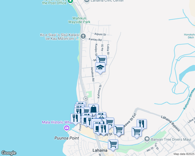 map of restaurants, bars, coffee shops, grocery stores, and more near 148 Fleming Road in Lahaina