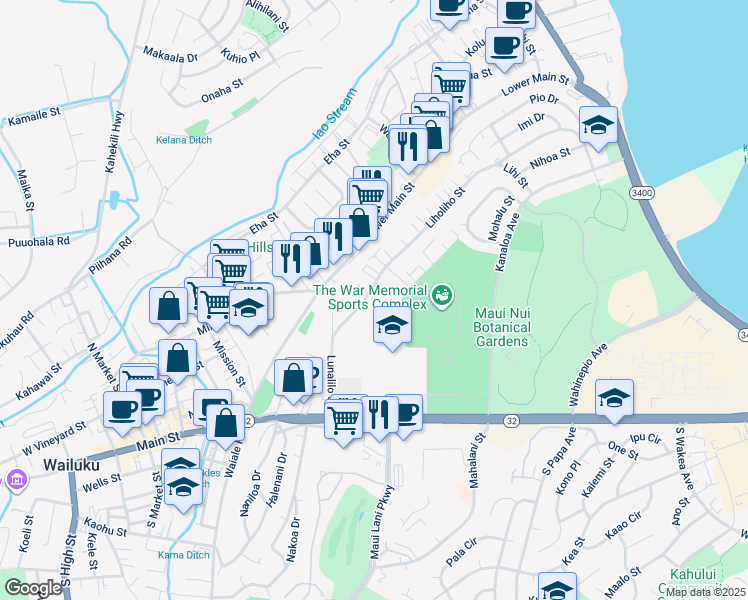 map of restaurants, bars, coffee shops, grocery stores, and more near 216 Liholiho Street in Wailuku