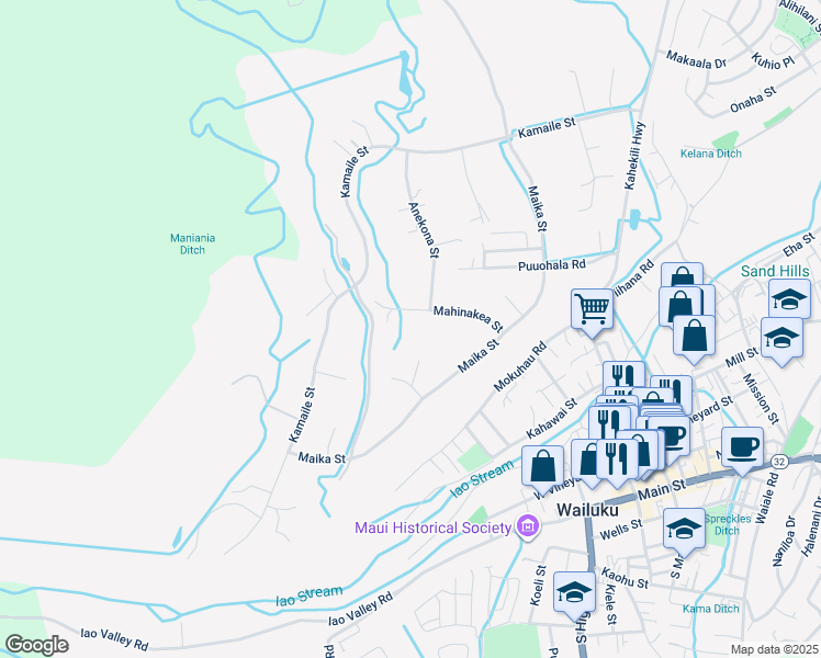 map of restaurants, bars, coffee shops, grocery stores, and more near 2231 Mahinakea Place in Wailuku