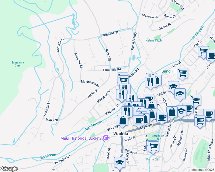 map of restaurants, bars, coffee shops, grocery stores, and more near 404 Maika Street in Wailuku