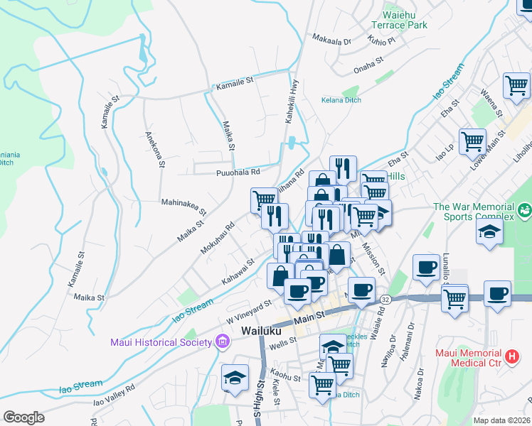 map of restaurants, bars, coffee shops, grocery stores, and more near 350 Alahee Drive in Wailuku