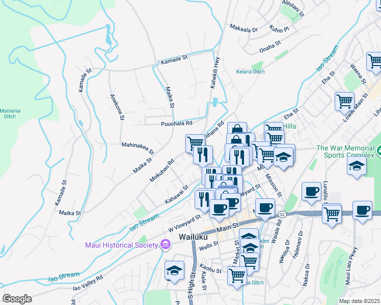 map of restaurants, bars, coffee shops, grocery stores, and more near 101 Loi Pohaku Place in Wailuku
