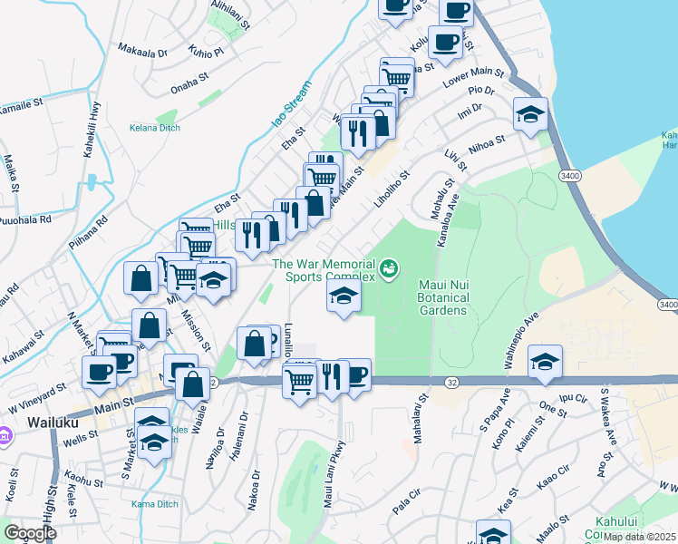 map of restaurants, bars, coffee shops, grocery stores, and more near 253A Leleihoku Street in Wailuku
