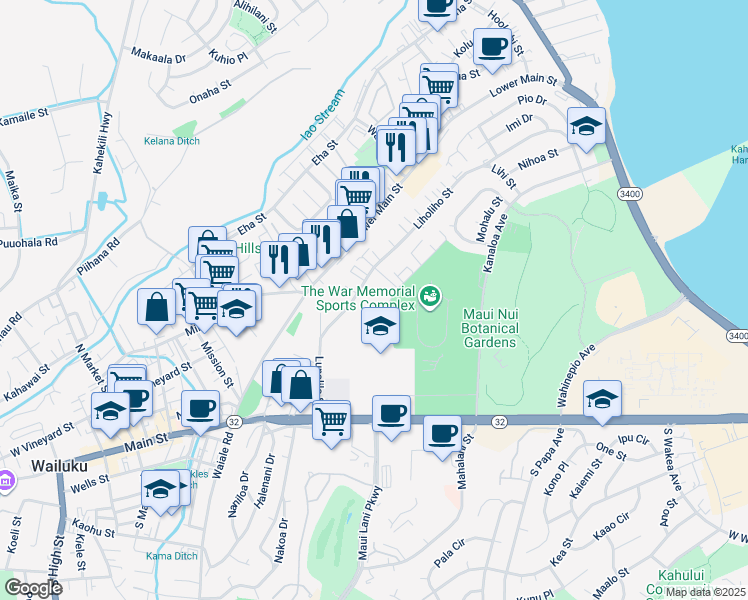 map of restaurants, bars, coffee shops, grocery stores, and more near 253 Leleihoku Street in Wailuku