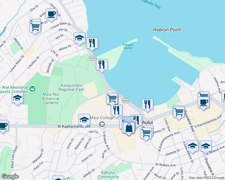 map of restaurants, bars, coffee shops, grocery stores, and more near 584 Kahului Beach Road in Kahului