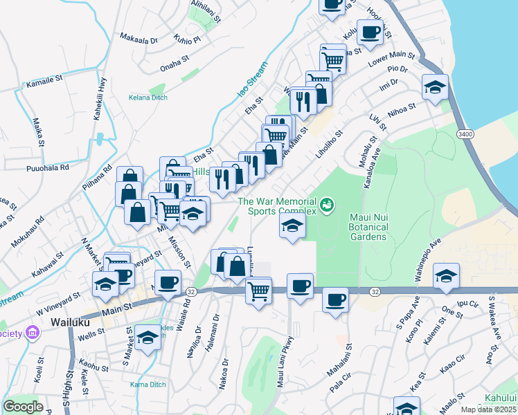 map of restaurants, bars, coffee shops, grocery stores, and more near 112 Lunalilo Street in Wailuku
