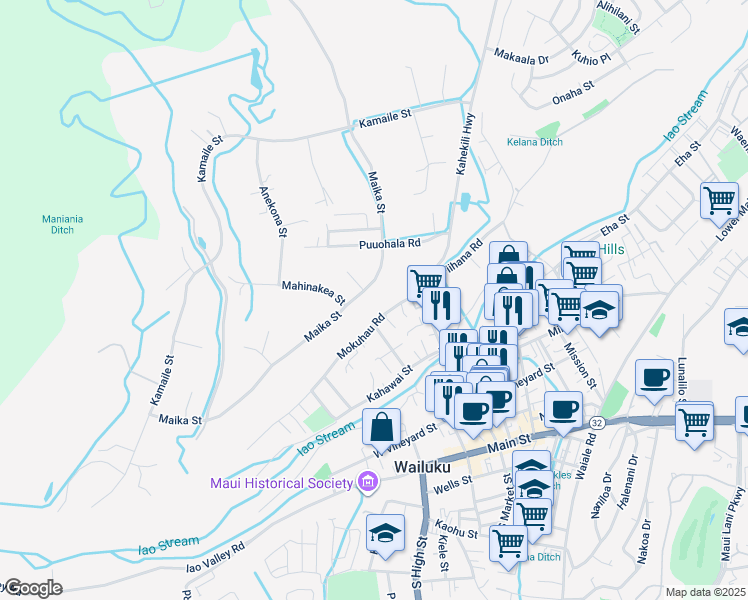 map of restaurants, bars, coffee shops, grocery stores, and more near 404 Maika Street in Wailuku