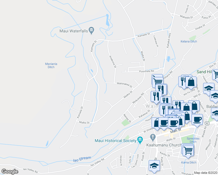 map of restaurants, bars, coffee shops, grocery stores, and more near 2231 Mahinakea Place in Wailuku