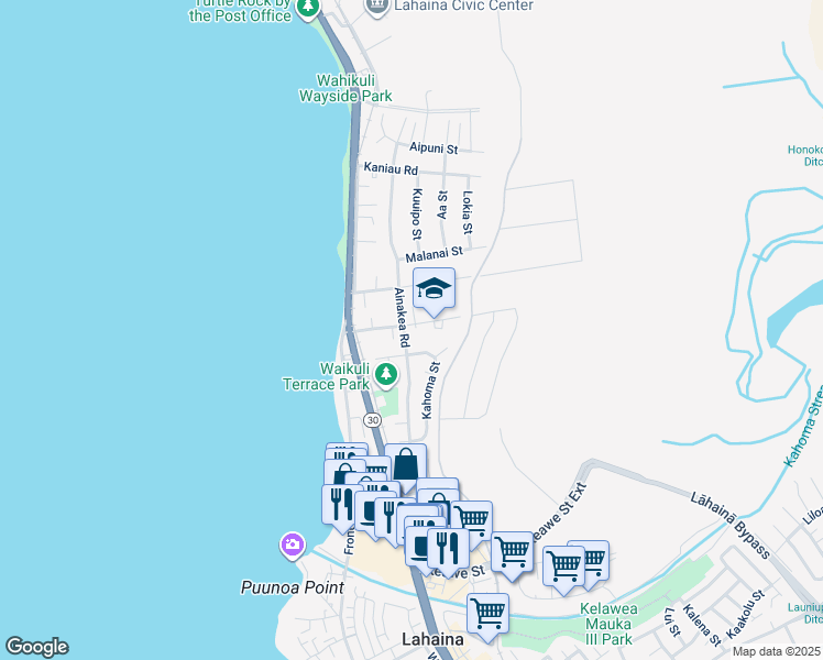 map of restaurants, bars, coffee shops, grocery stores, and more near 142 Fleming Road in Lahaina