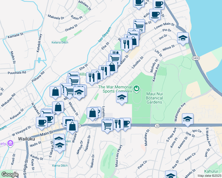 map of restaurants, bars, coffee shops, grocery stores, and more near 209 Liholiho Street in Wailuku